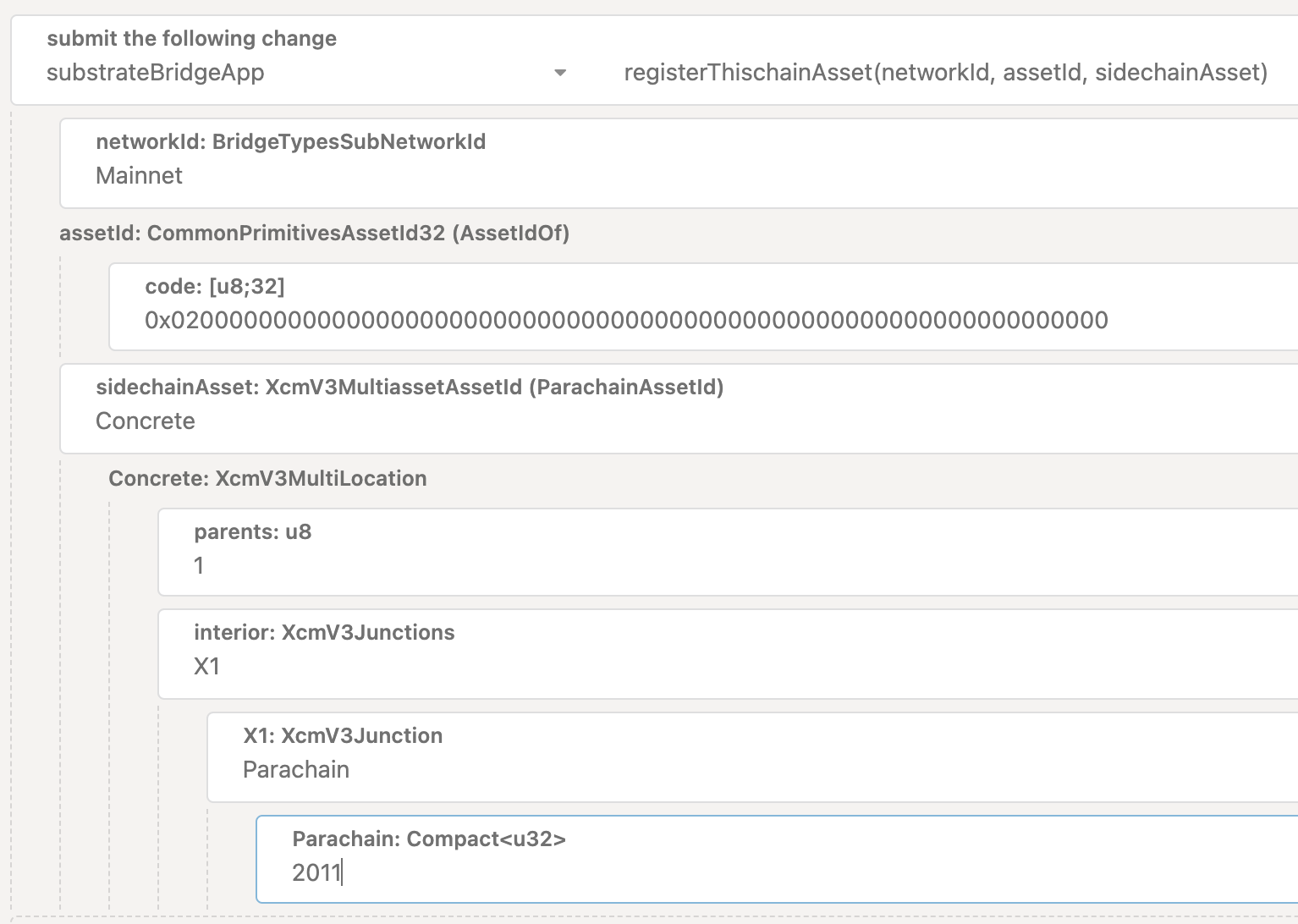 Image: Example of registering a native blockchain for transfer via parachain